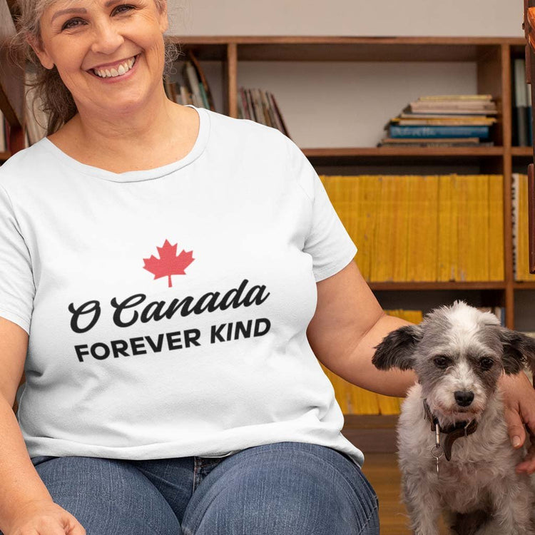 Woman wearing O Canada Forever Kind Canadian T Shirt made in Canada, featuring maple leaf design