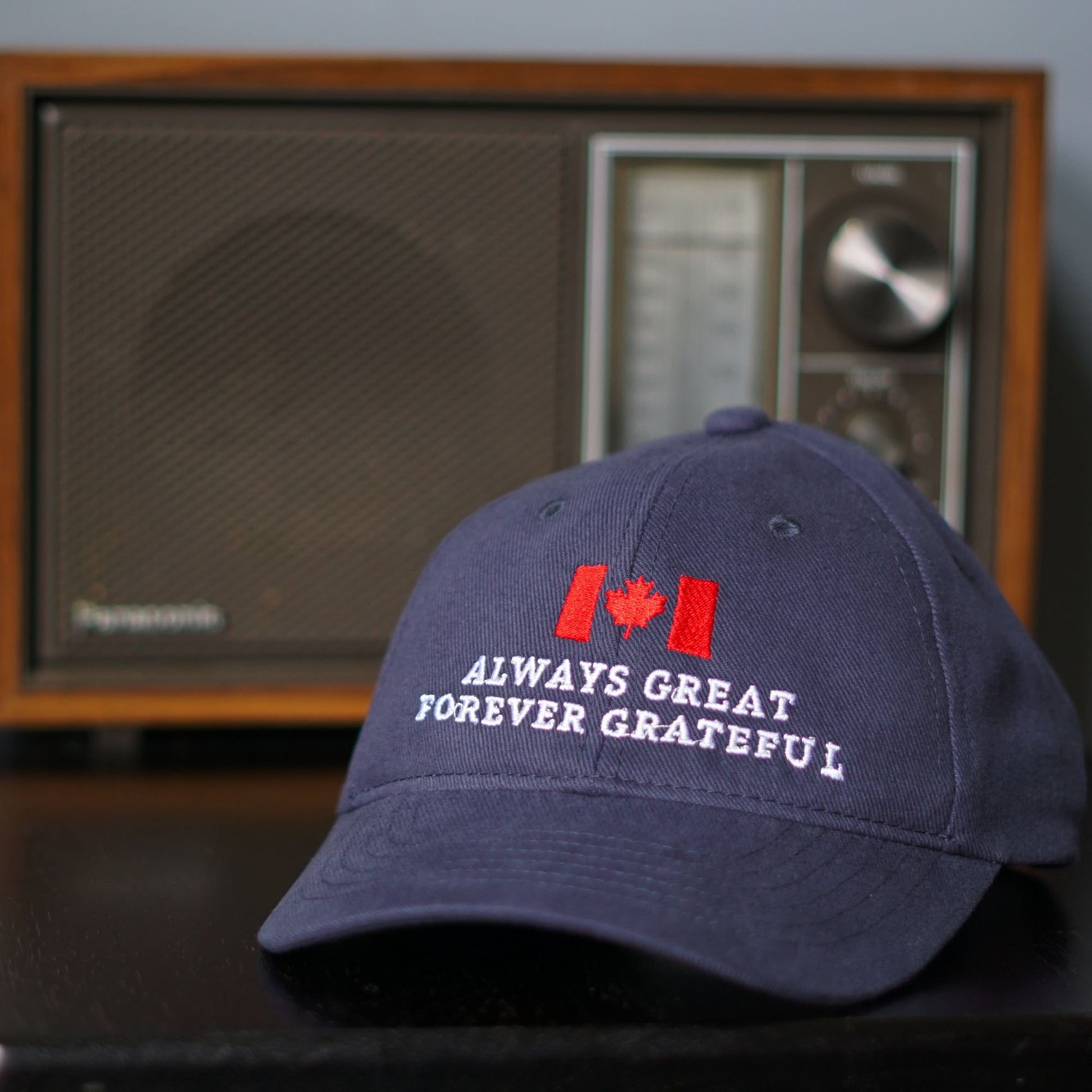 Navy Blue Canadian Flag Cap with the slogan Always Great Forever Grateful | Canada Day Hat Made in Canada
