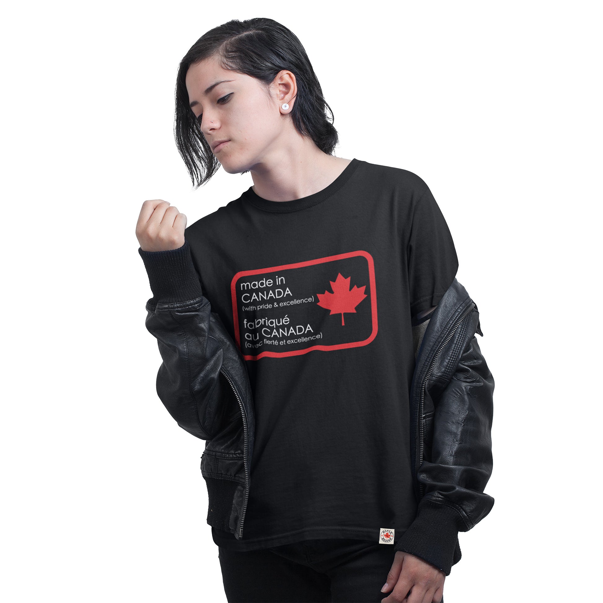 a woman wearing the Made in Canada T shirt  by Maple Beaver in Black colour