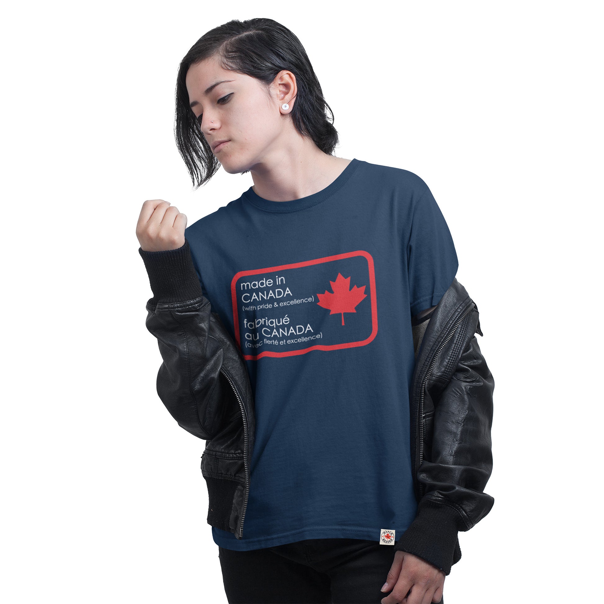 a woman wearing the Made in Canada T shirt  by Maple Beaver in Navy colour