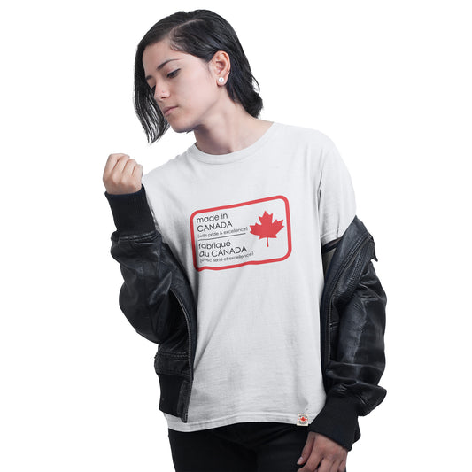 a woman wearing the Made in Canada T shirt  by Maple Beaver in white colour