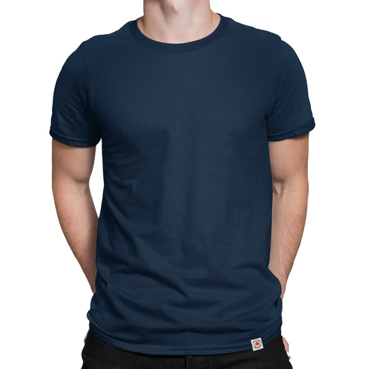 closeup of a male wearing the Navy Organic Cotton T Shirt – Minimalist Sustainable Tee Made in Canada