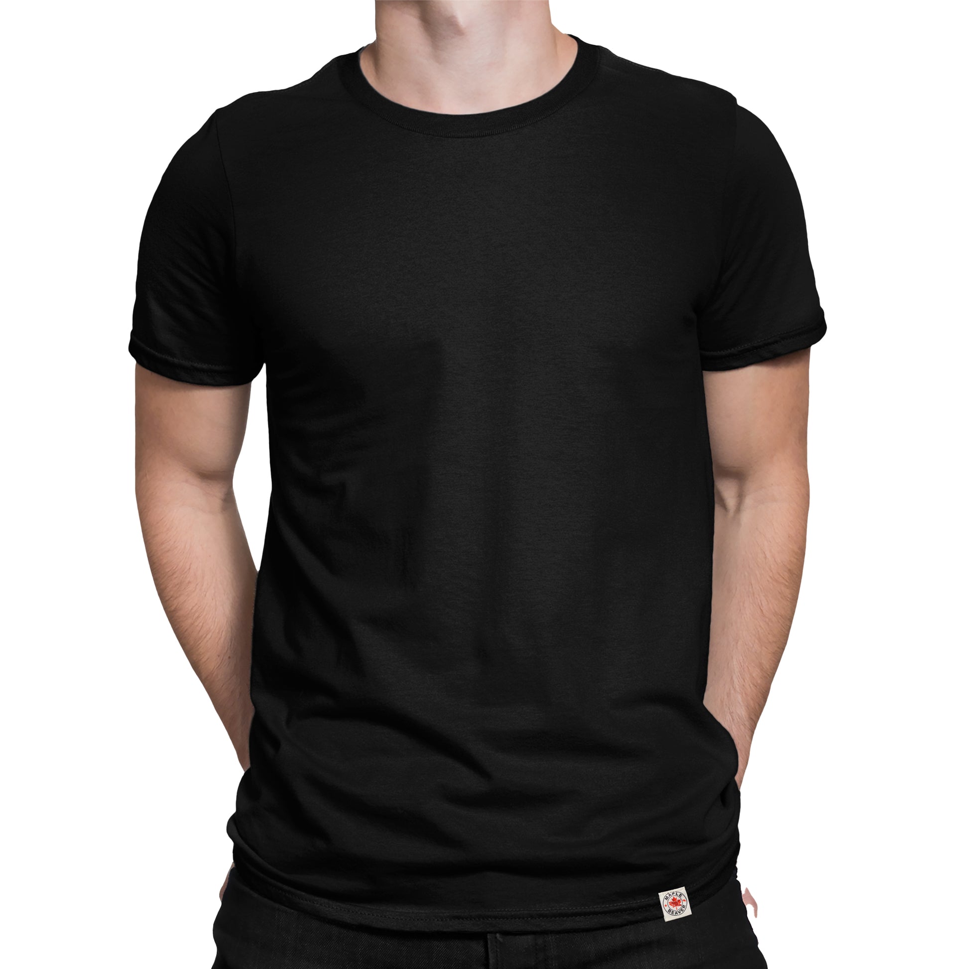 closeup of a man wearing the Black Organic Cotton T Shirt – Minimalist Unisex Fit Made in Canada