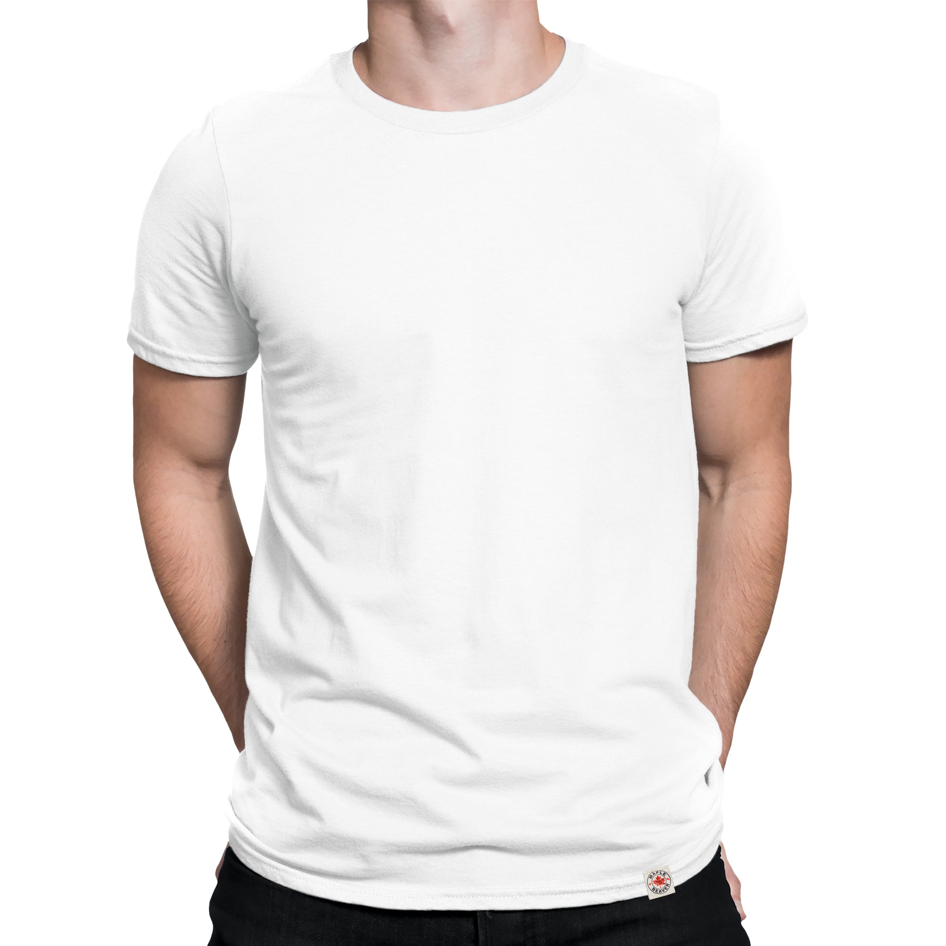 Closeup of a man wearing the white colour minimalist organic cotton t-shirt