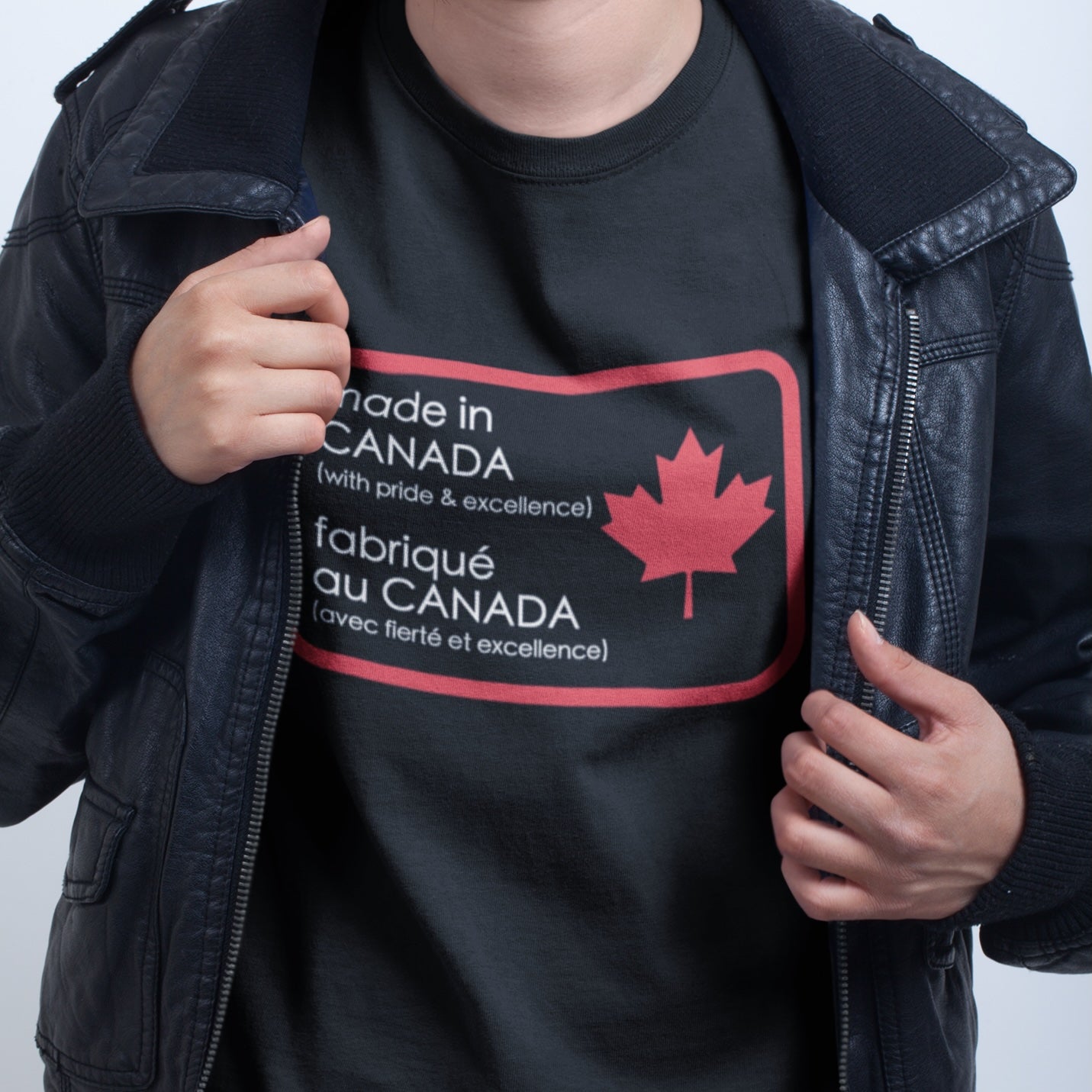 closeup of a woman wearing the Made in Canada T shirt  by Maple Beaver in Black colour