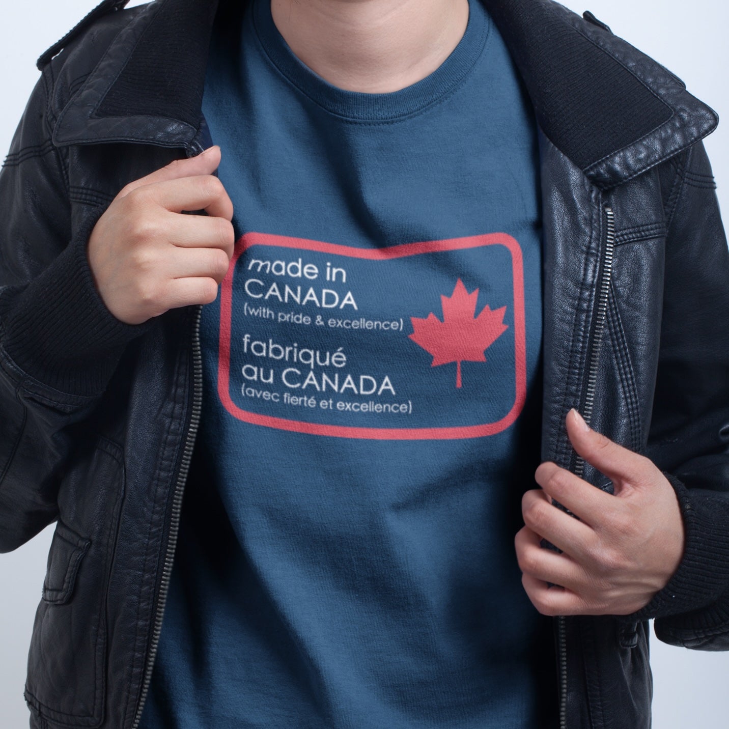 closeup of a woman wearing the Made in Canada T shirt  by Maple Beaver in Navy colour