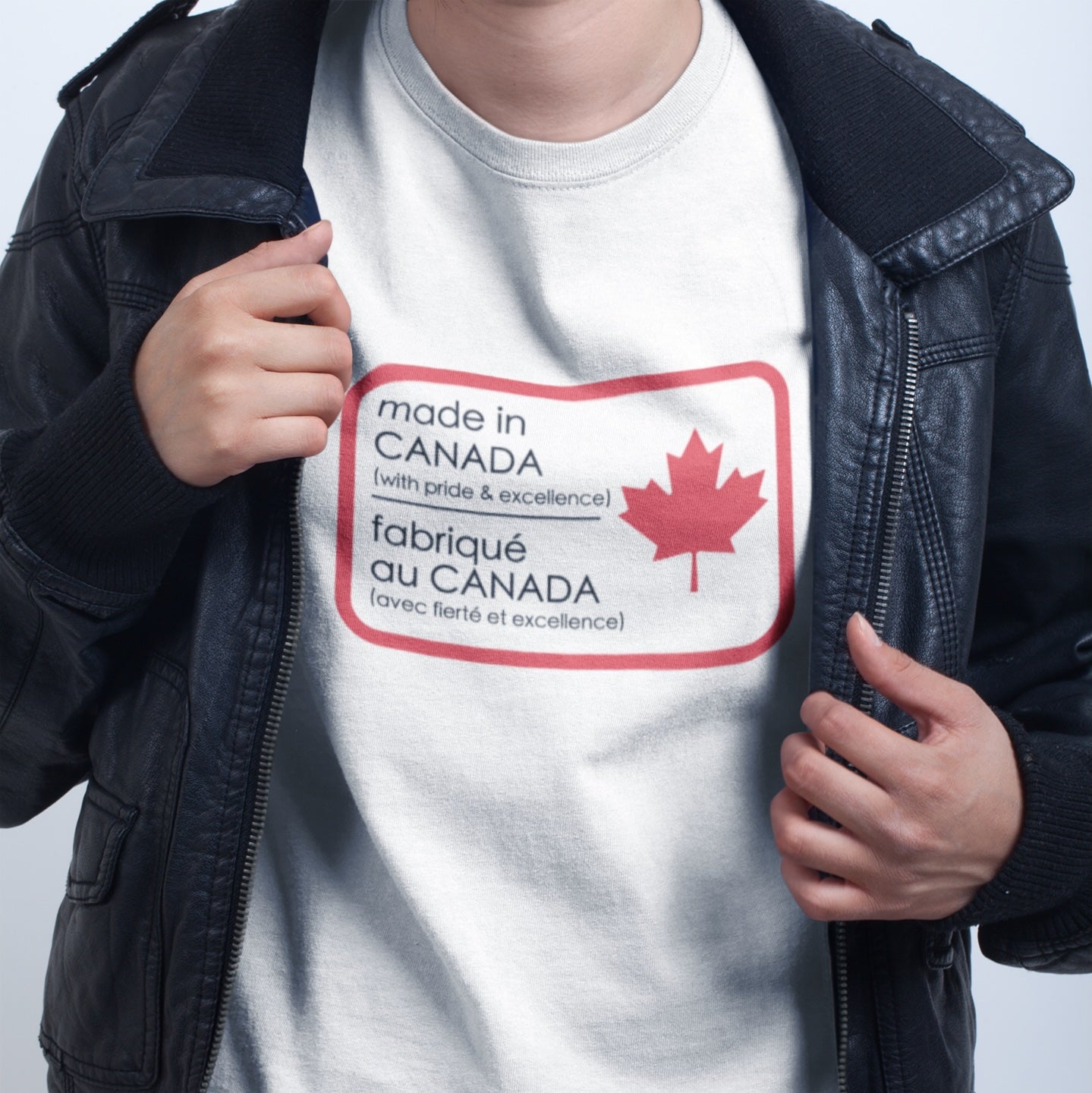 closeup of a woman wearing the Made in Canada T shirt  by Maple Beaver in white colour