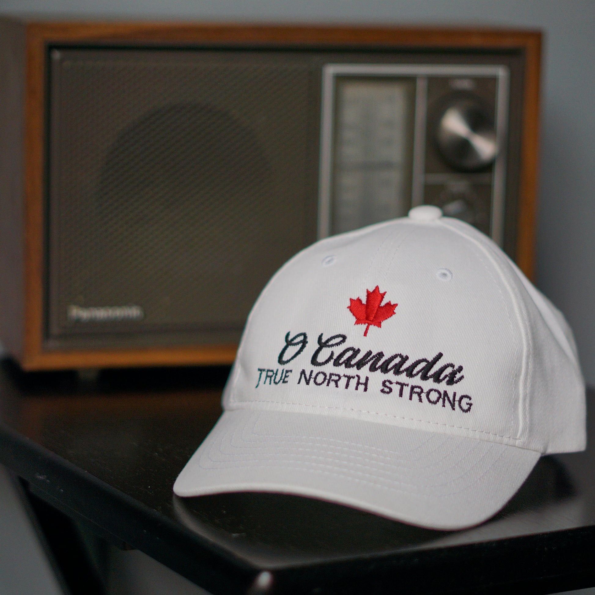 Front view of the Canadian Cap – O Canada True North Strong White Hat