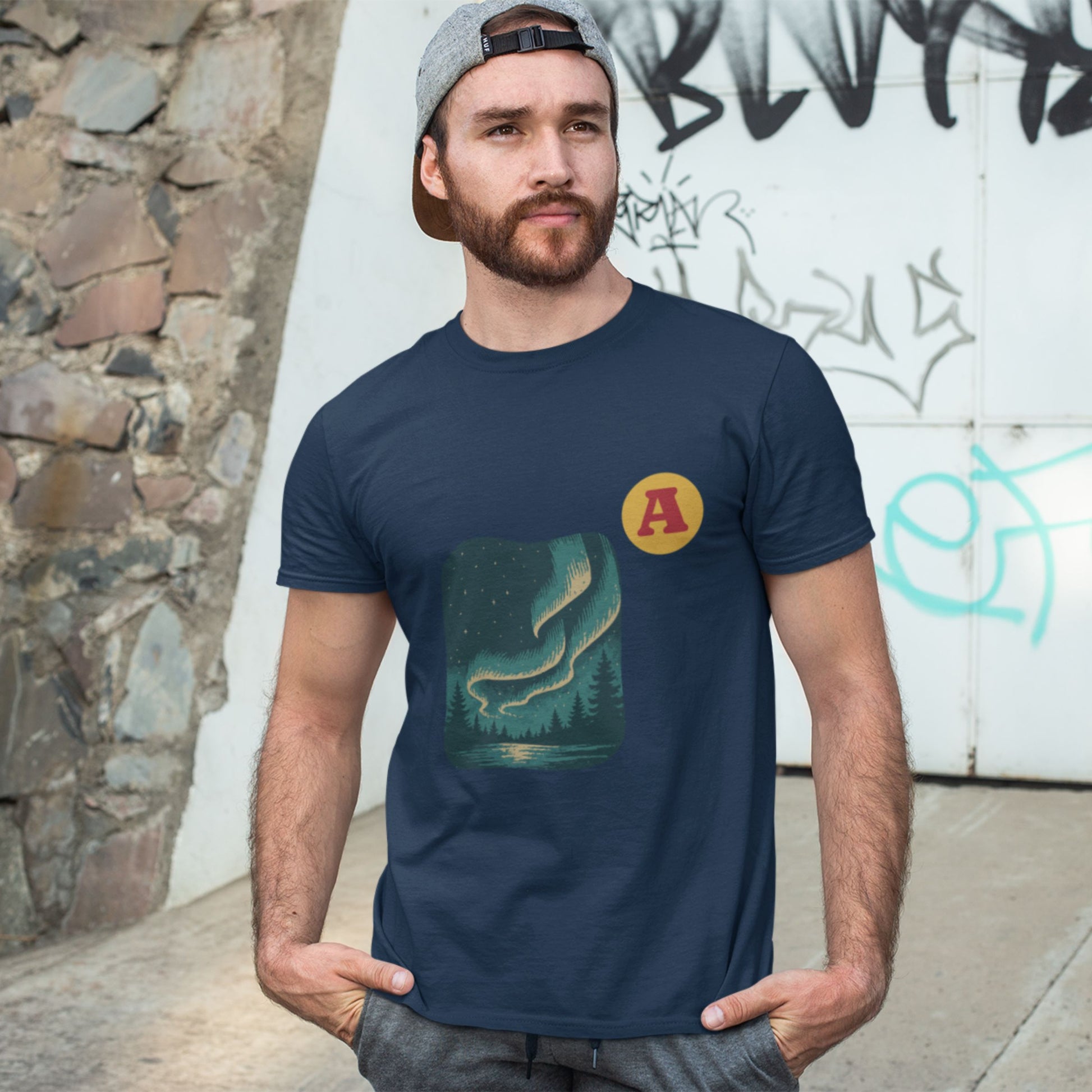 Man wearing a Navy Northern lights Aurora T shirt from the Canadian ABC collection by Maple Beaver