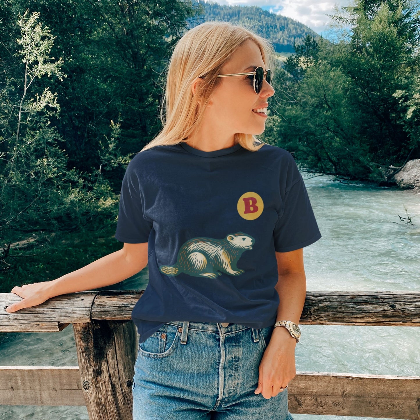 Woman wearing the Beaver T Shirt in Navy colour, made in Canada with Organic Cotton from the Maple Beaver Canadian ABC collection