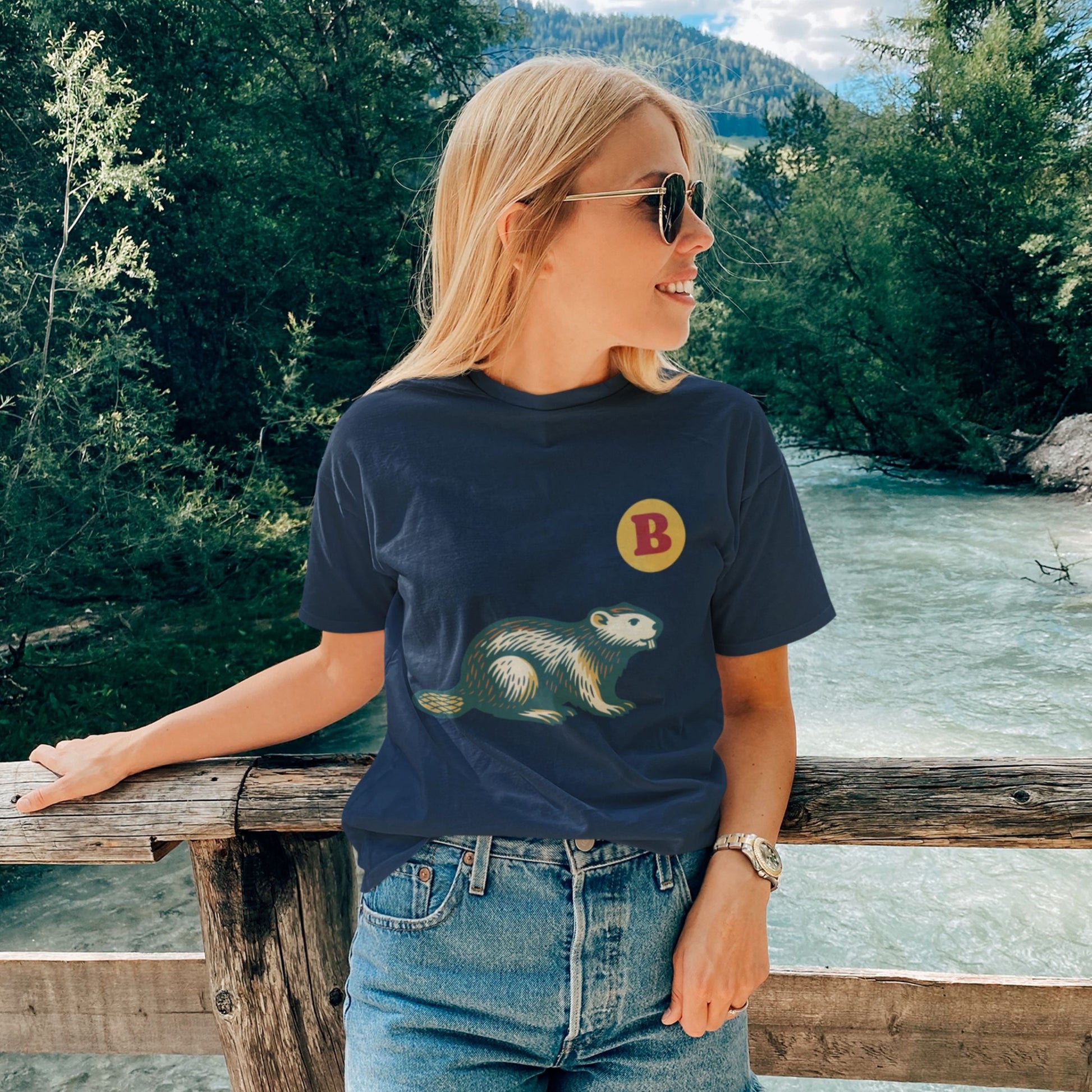 Woman wearing the Beaver T Shirt in Navy colour, made in Canada with Organic Cotton from the Maple Beaver Canadian ABC collection
