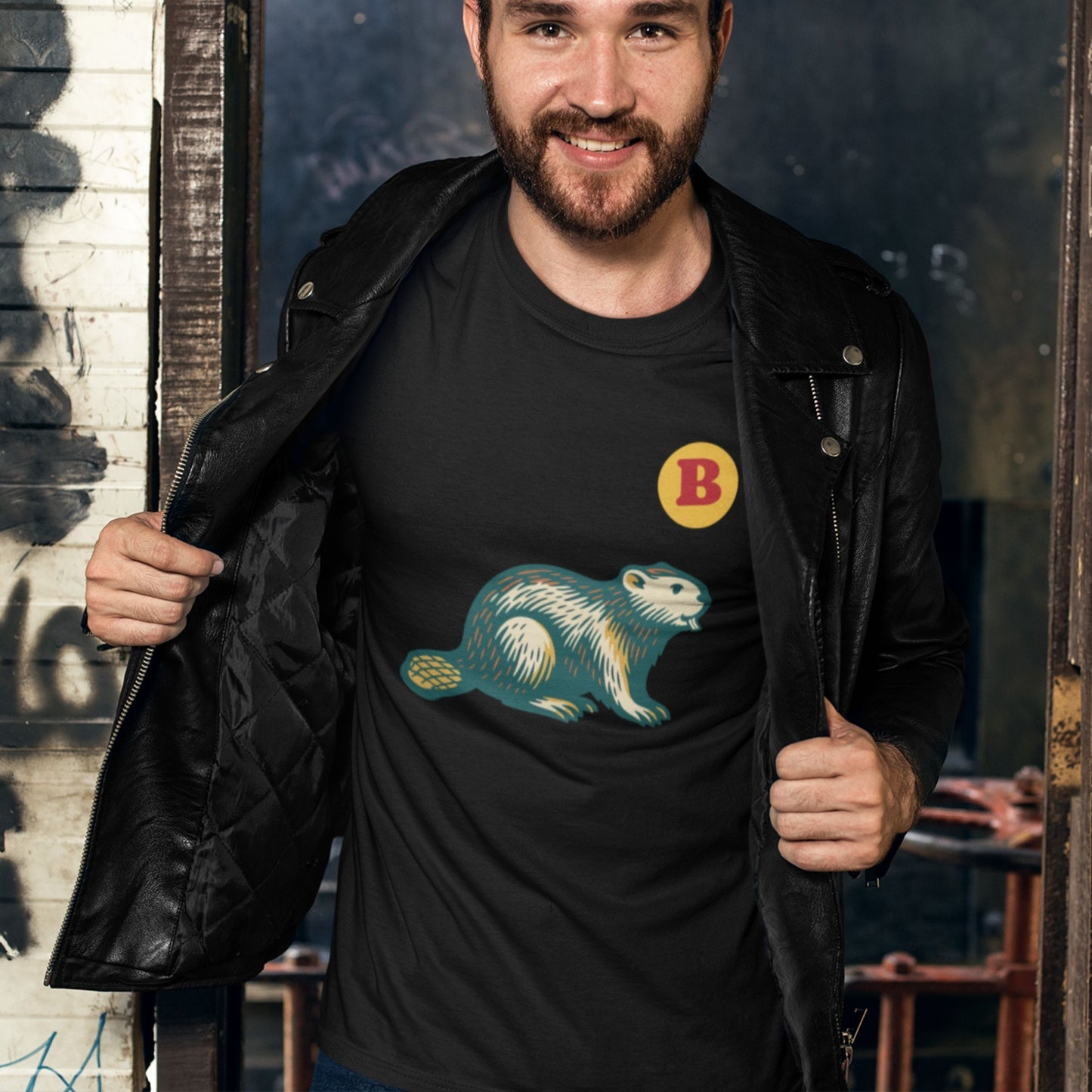 Man wearing the Beaver T Shirt in black colour, made in Canada with Organic Cotton from the Maple Beaver Canadian ABC collection