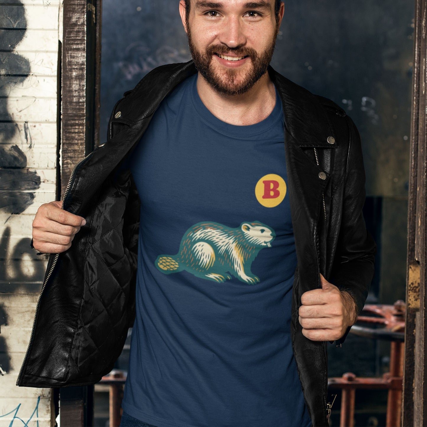 Man wearing the Beaver T Shirt in Navy colour, made in Canada with Organic Cotton from the Maple Beaver Canadian ABC collection