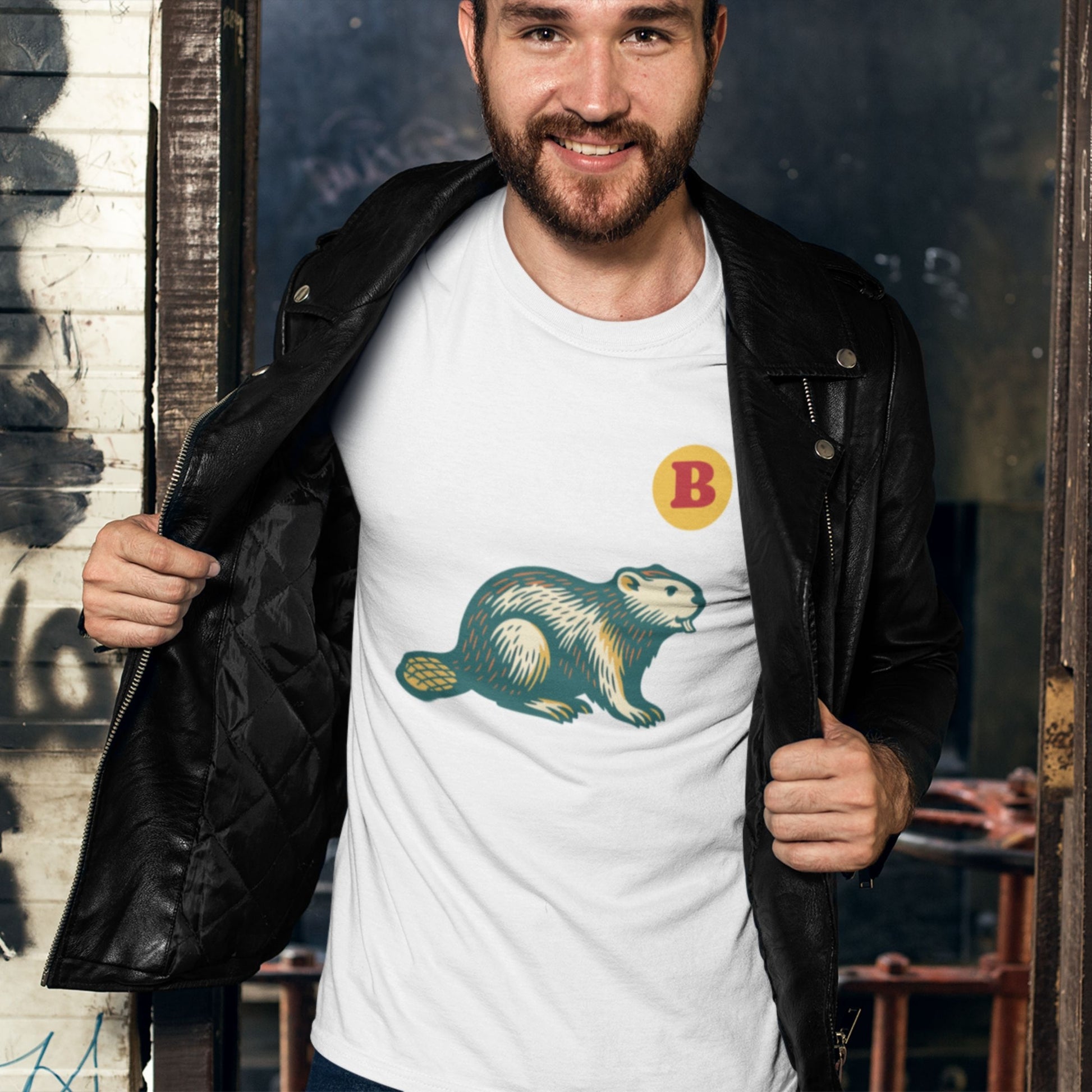 Man wearing the Beaver T Shirt in white colour , made in Canada with Organic Cotton from the Maple Beaver Canadian ABC collection