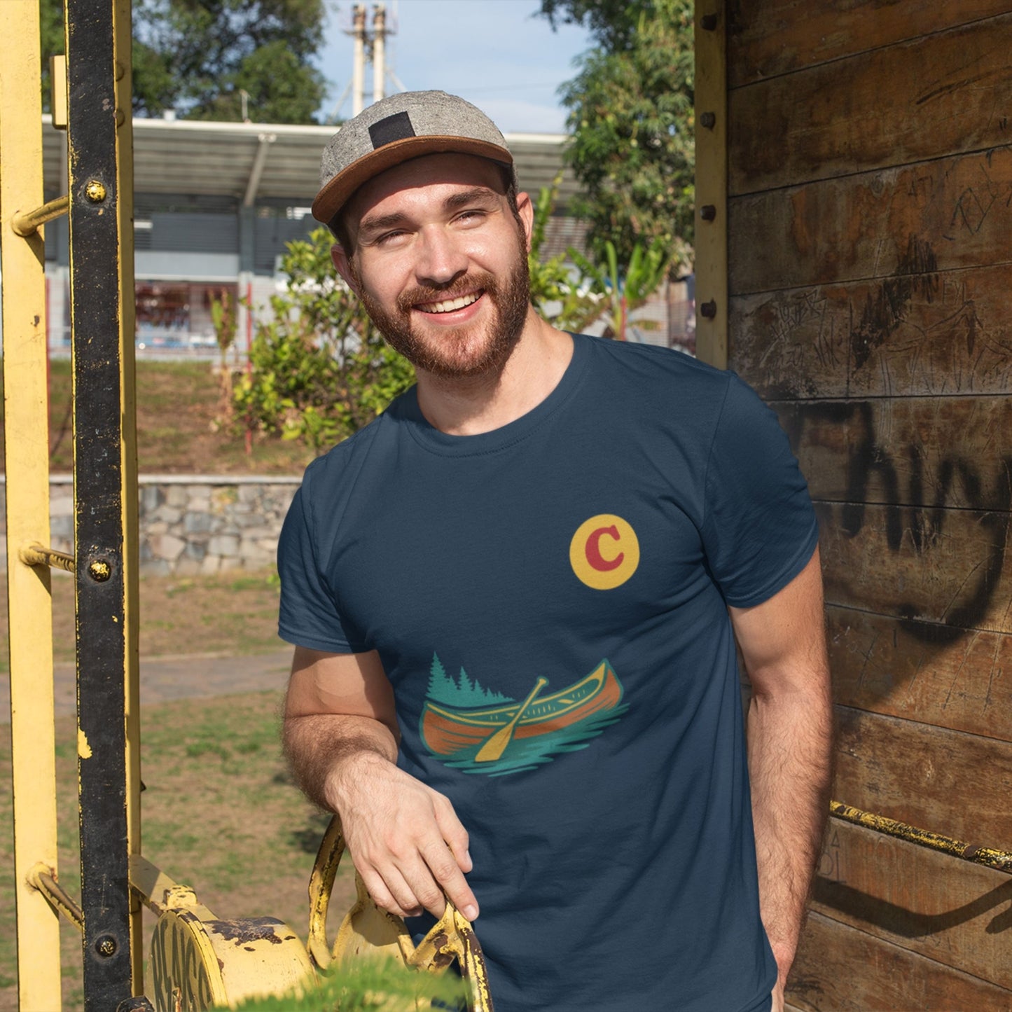 Man wearing a Canadain Canoe T Shirt in Navy colour from the Canadian ABC collection by Maple Beaver