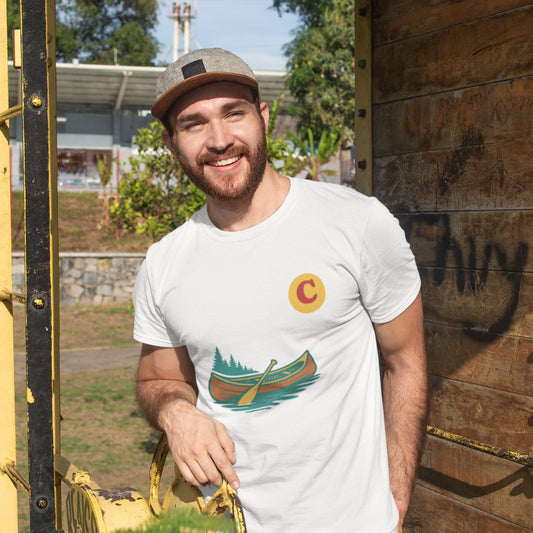 Man wearing a Canadain Canoe T Shirt in White colour from the Canadian ABC collection by Maple Beaver