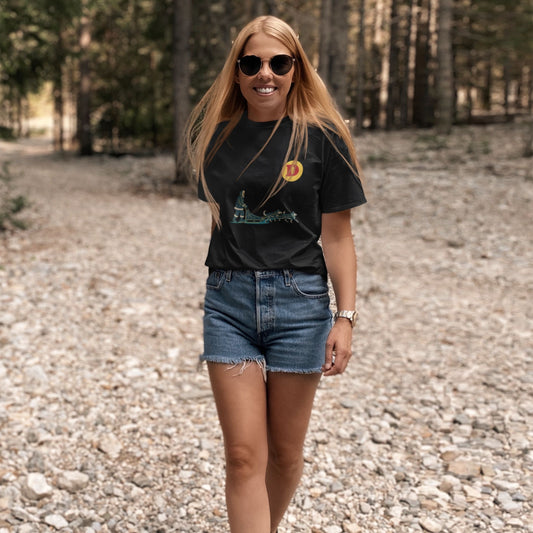 Woman wearing a black colour Canadian Dog Sled T shirt from the Canadian ABC collection by Maple Beaver