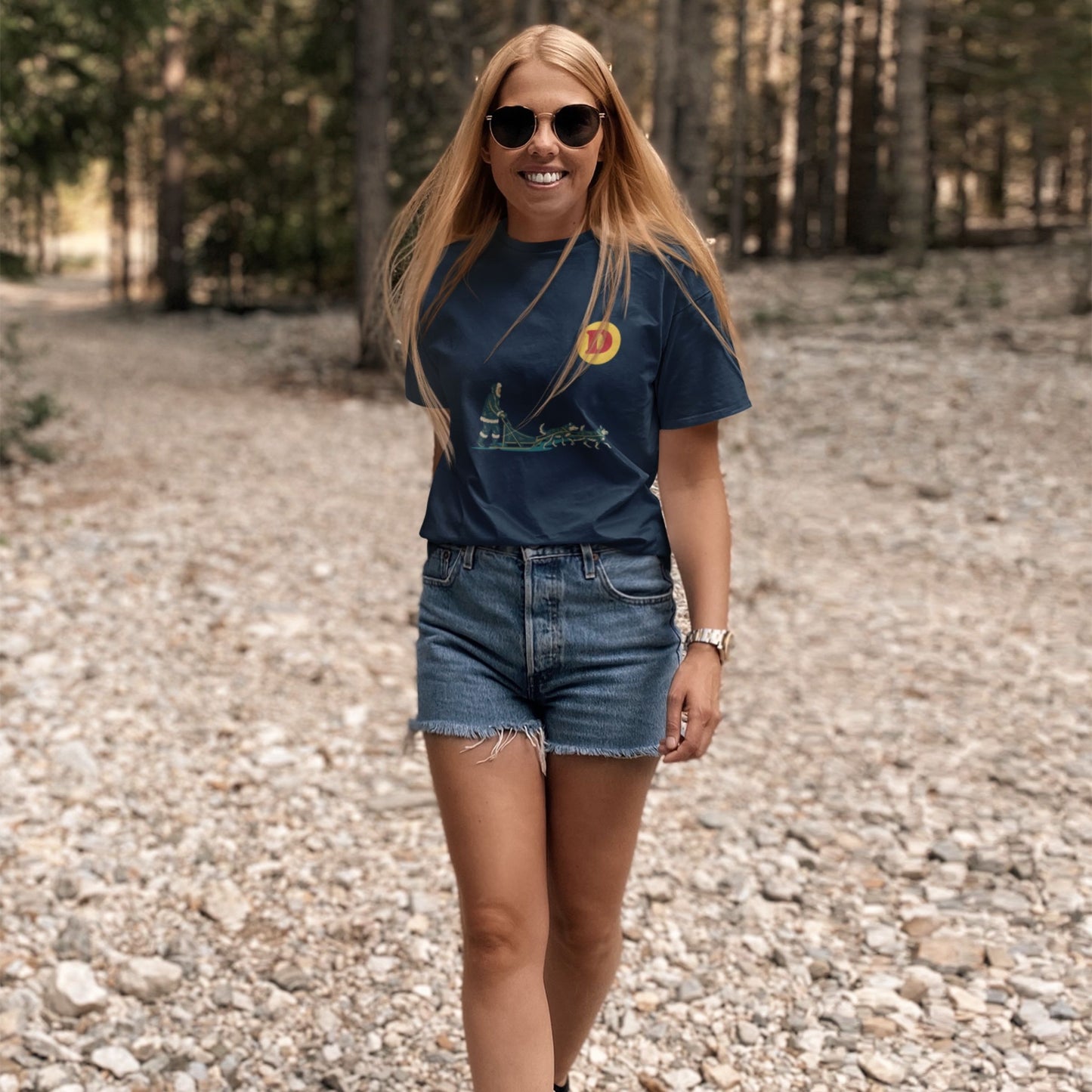 Woman wearing a Navy colour Canadian Dog Sled T shirt from the Canadian ABC collection by Maple Beaver
