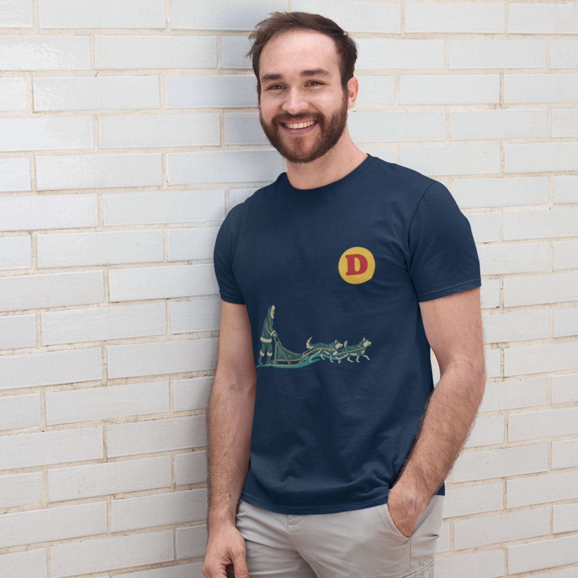 Woman wearing a Navy colour Canadian Dog Sled T shirt from the Canadian ABC collection by Maple Beaver