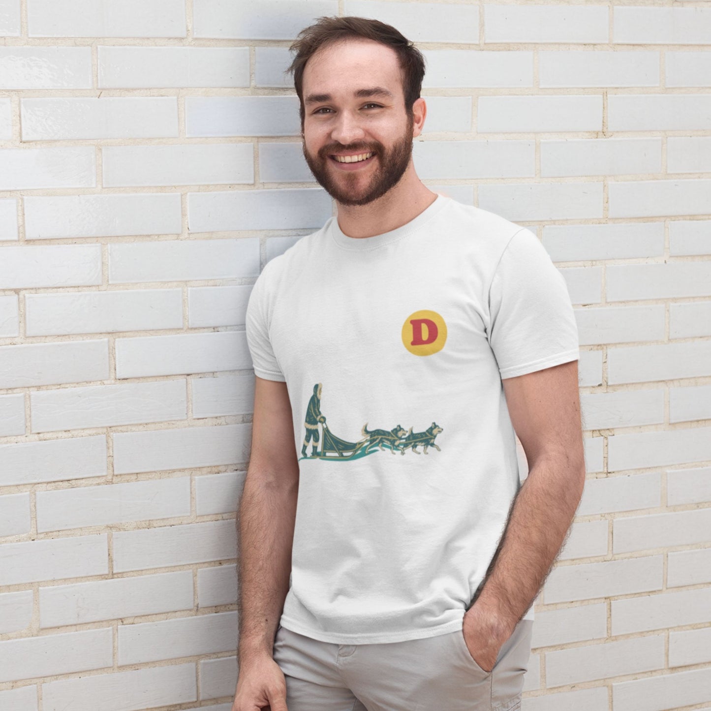 Man wearing a White colour Canadian Dog Sled T shirt from the Canadian ABC collection by Maple Beaver