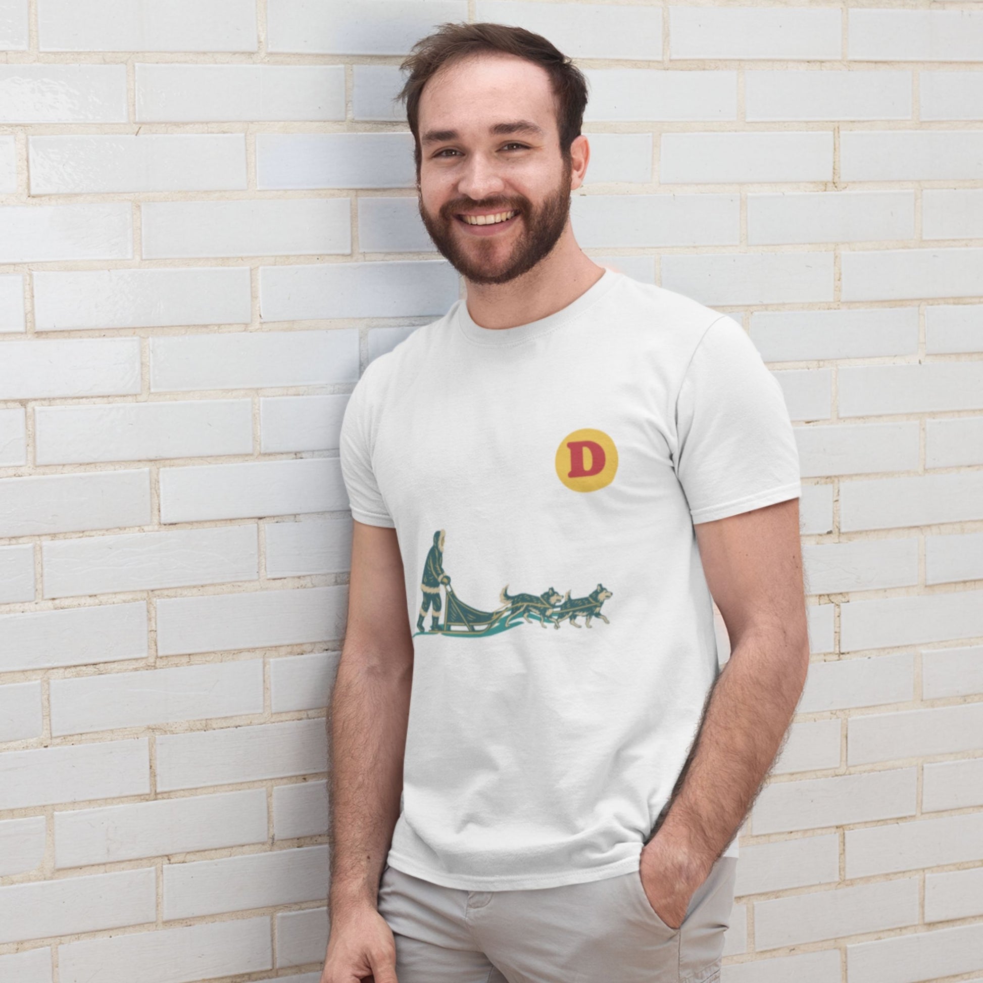 Man wearing a White colour Canadian Dog Sled T shirt from the Canadian ABC collection by Maple Beaver