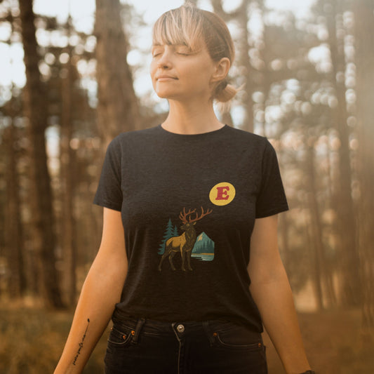Woman wearing a Canadain Elk T Shirt in Black colour from the Canadian ABC collection by Maple Beaver