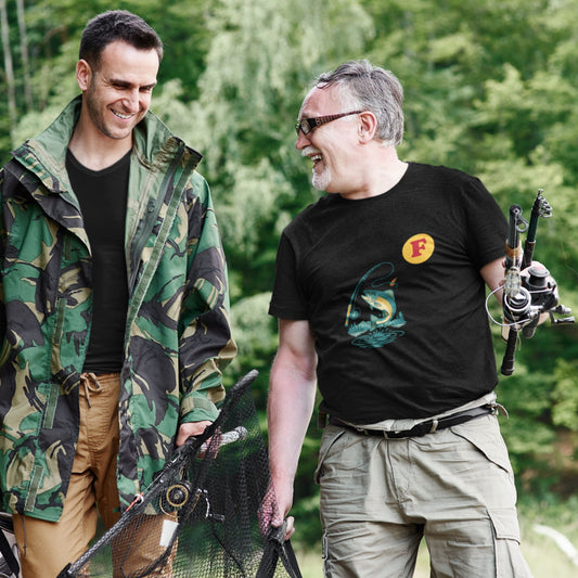 Man wearing the Made in Canada Fishing T Shirt in Black colour from the Canadian ABC collection by Maple Beaver
