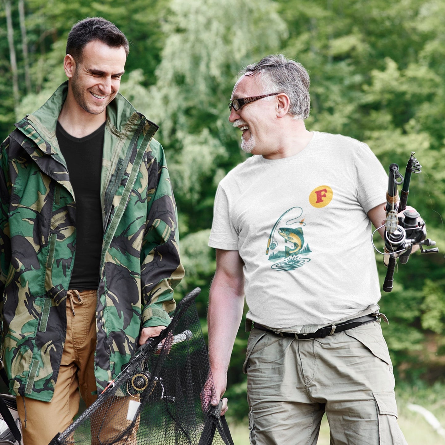 Man wearing the Made in Canada Fishing T Shirt in White colour from the Canadian ABC collection by Maple Beaver