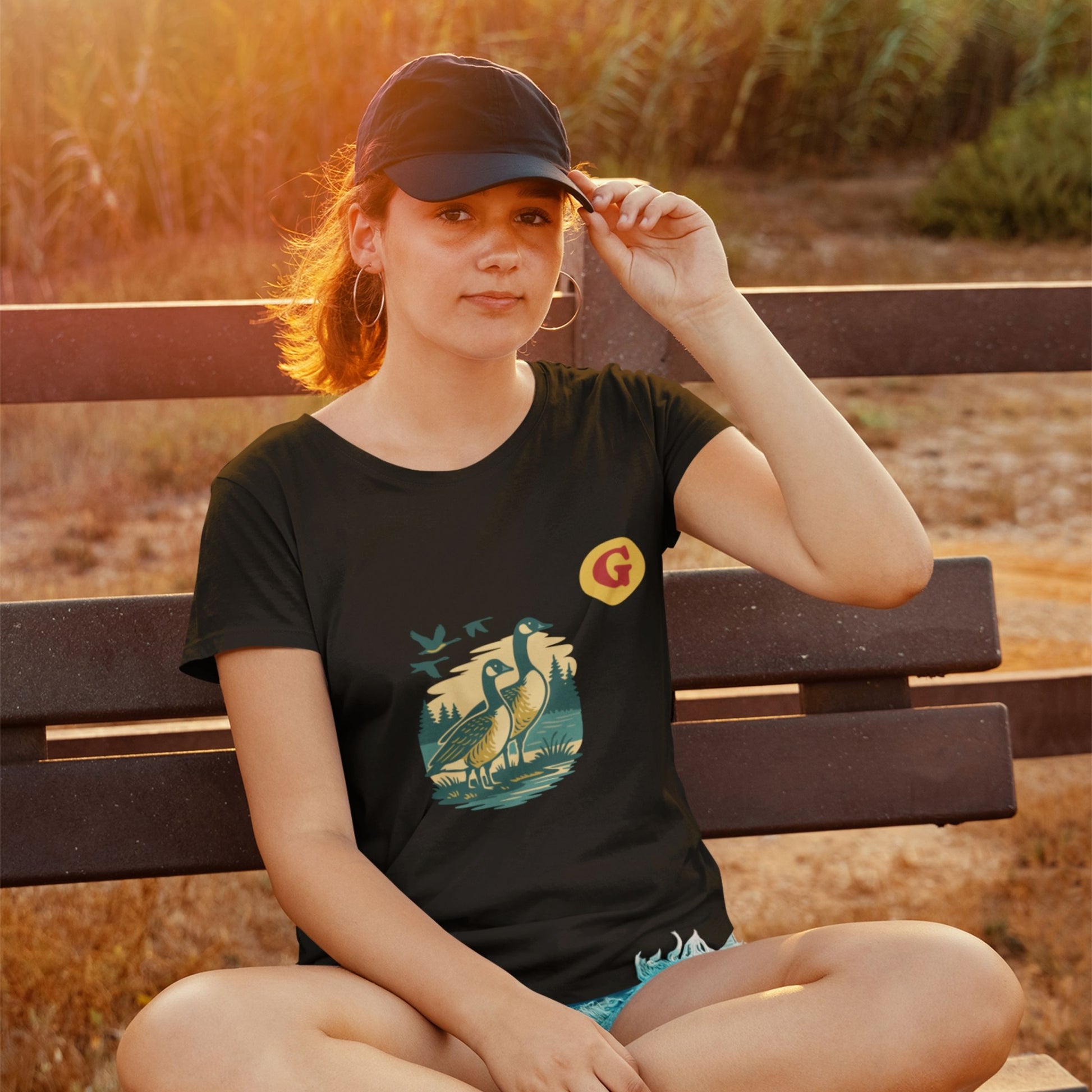 Woman wearing the Canada Goose T Shirt in Black colour from the Canadian ABC collection by Maple Beaver
