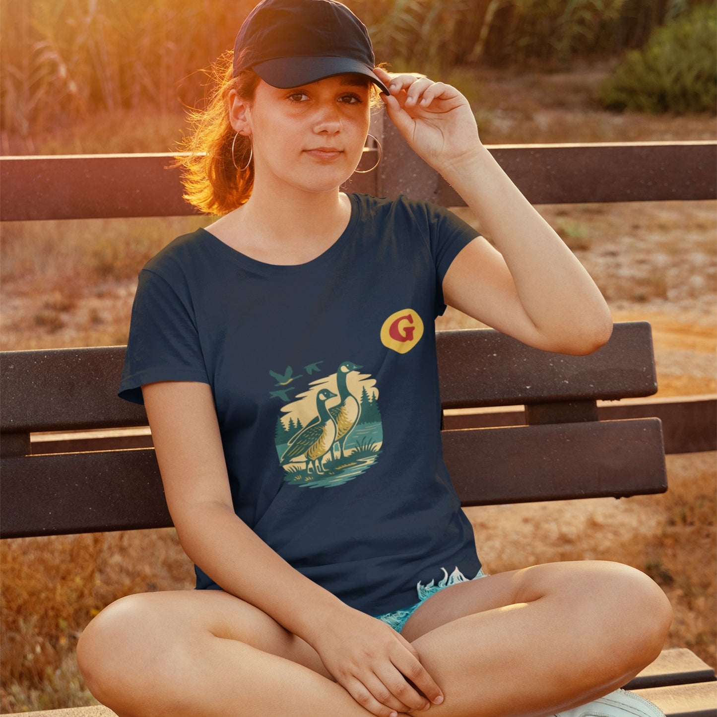 Woman wearing the Canada Goose T Shirt in Navy colour from the Canadian ABC collection by Maple Beaver