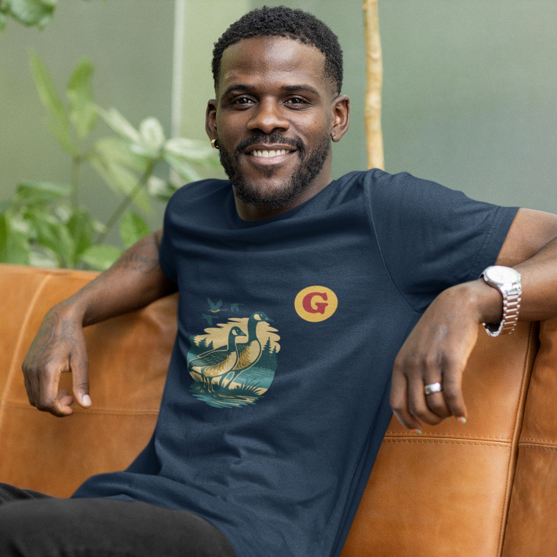 Man wearing the Canada Goose T Shirt in Navy colour from the Canadian ABC collection by Maple Beaver