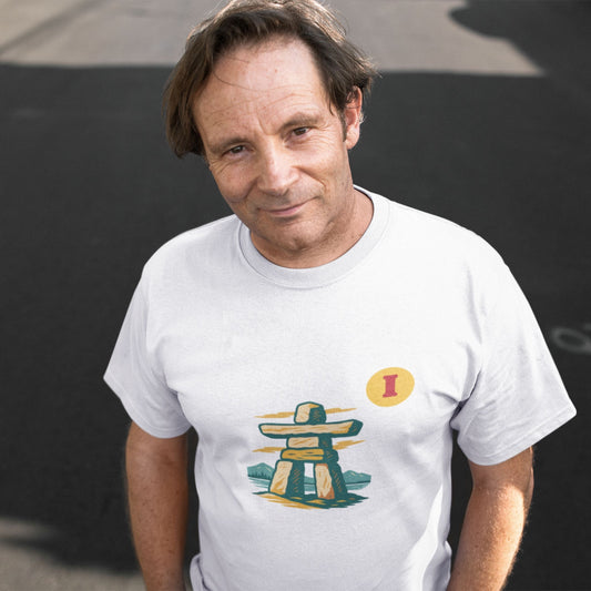 Man wearing the Canadian Made organic cotton Inukshuk T shirt in White colour from the Canadian Alphabet collection by Maple Beaver