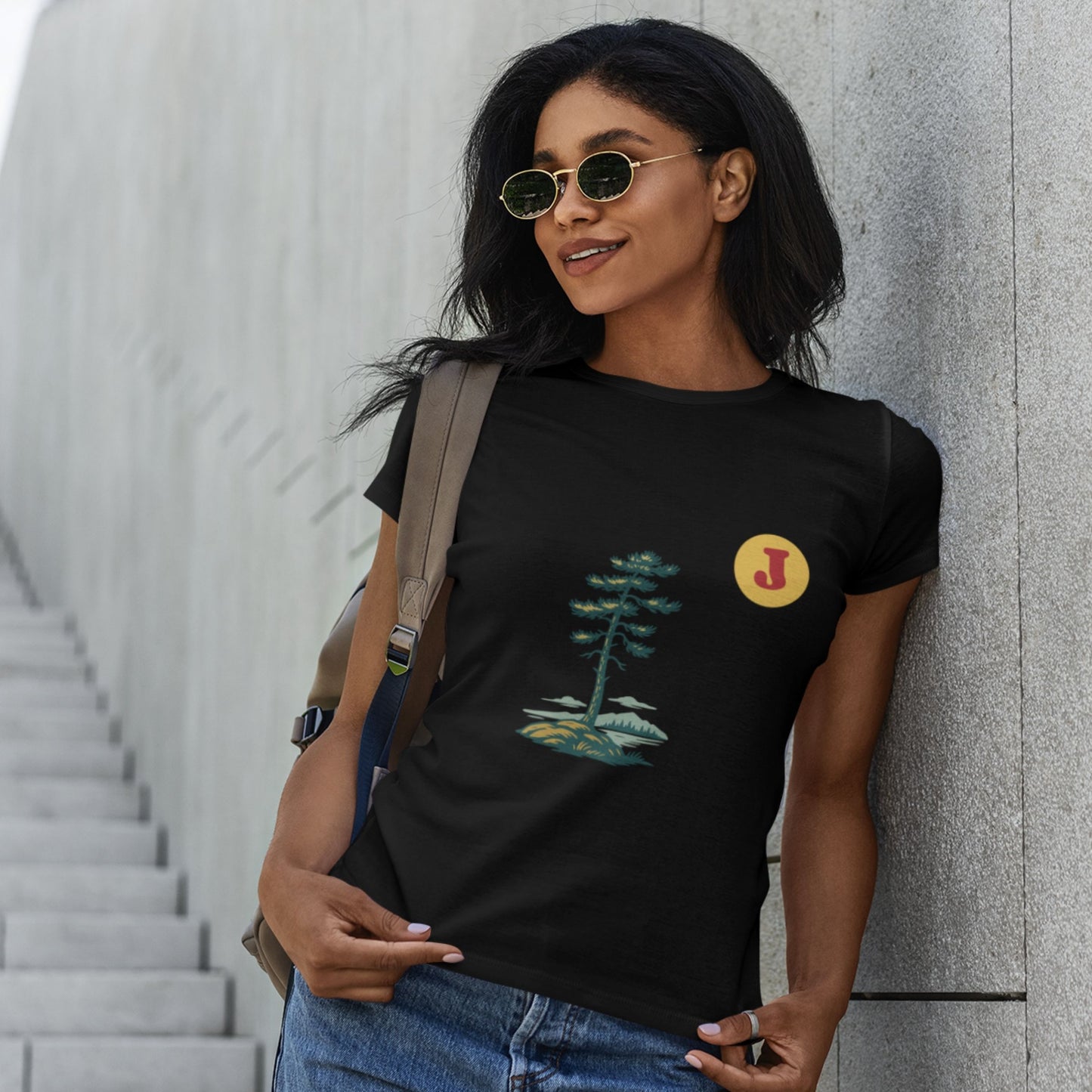 Woman wearing a Canadian Jack Pine T Shirt in Black colour from the Canadian ABC collection by Maple Beaver