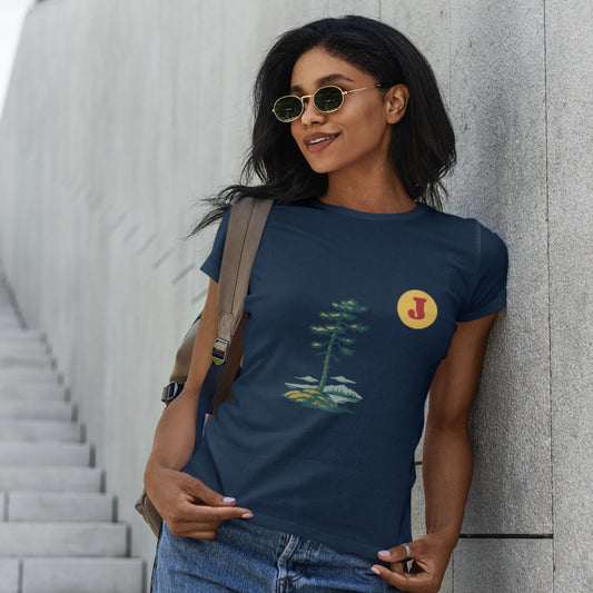Woman wearing a Canadian Jack Pine T Shirt in Navy colour from the Canadian ABC collection by Maple Beaver