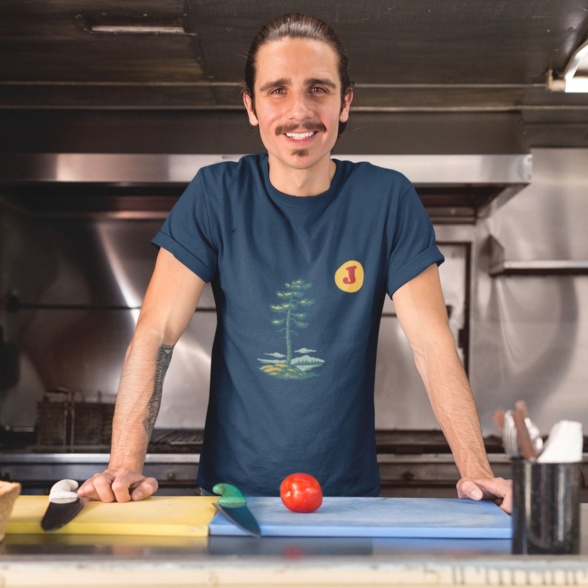Man wearing a Canadian Jack Pine T Shirt in Navy colour from the Canadian ABC collection by Maple Beaver