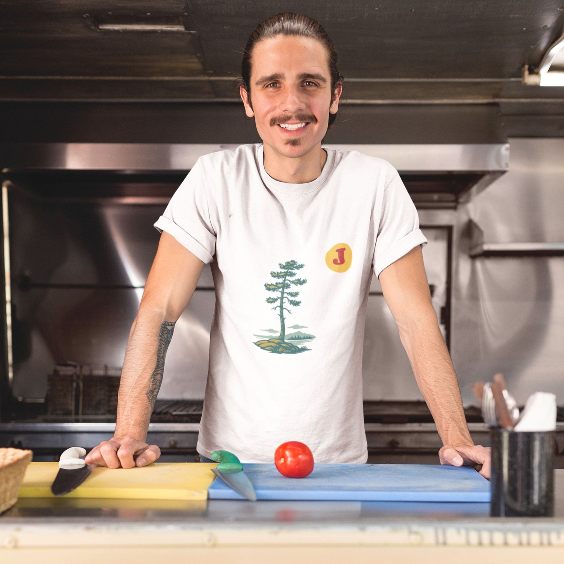 Man wearing a Canadian Jack Pine T Shirt in White colour from the Canadian ABC collection by Maple Beaver