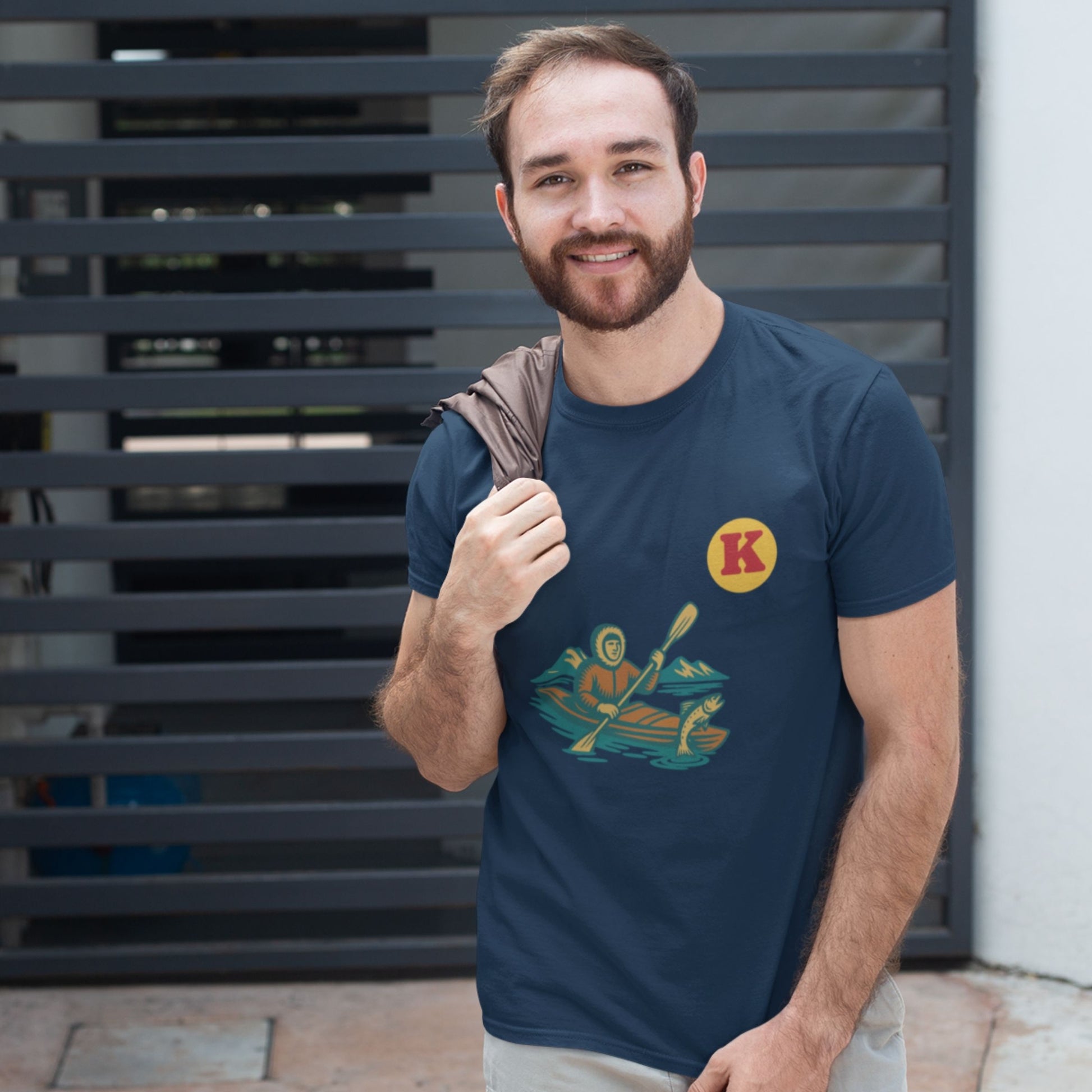 Man wearing a Navy colour Canadian Made T shirt featuring the Kayak from the Canadian ABC collection by Maple Beaver