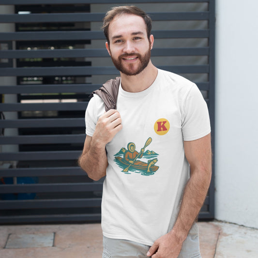 Man wearing a White colour Canadian Made T shirt featuring the Kayak from the Canadian ABC collection by Maple Beaver