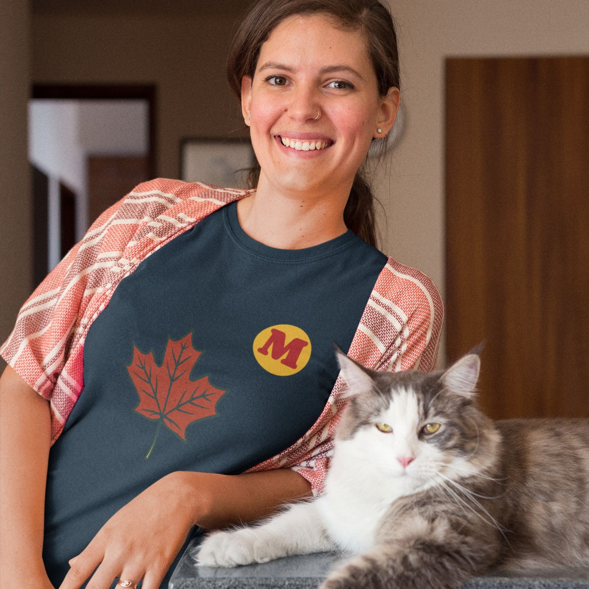Woman wearing the Maple Leaf Canada T shirt in Navy colour from the Canadian ABC collection by Maple Beaver