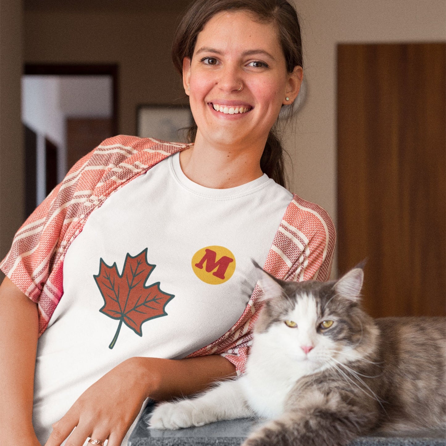 Woman wearing the Maple Leaf Canada T shirt in White colour from the Canadian ABC collection by Maple Beaver