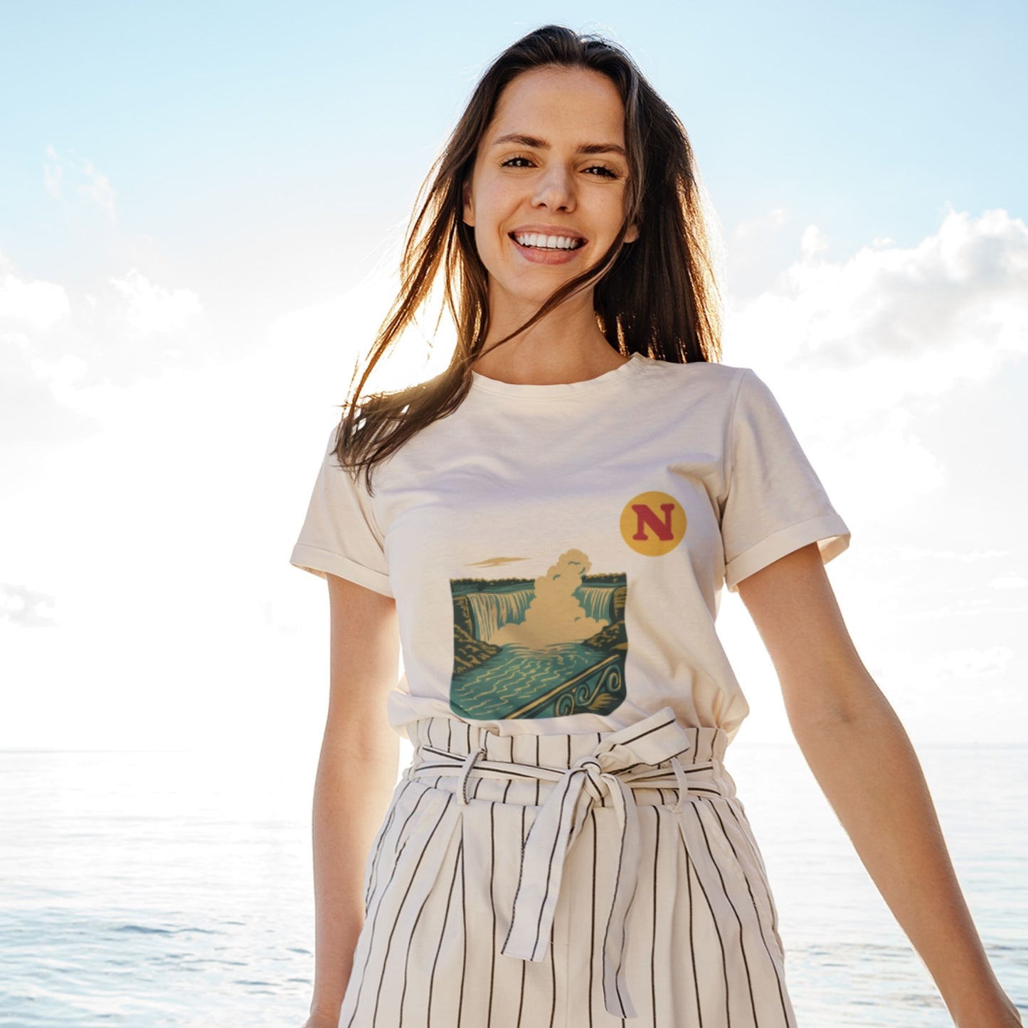 Woman wearing the Niagara Falls Canada T shirt in White colour from the Canadian ABC collection by Maple Beaver