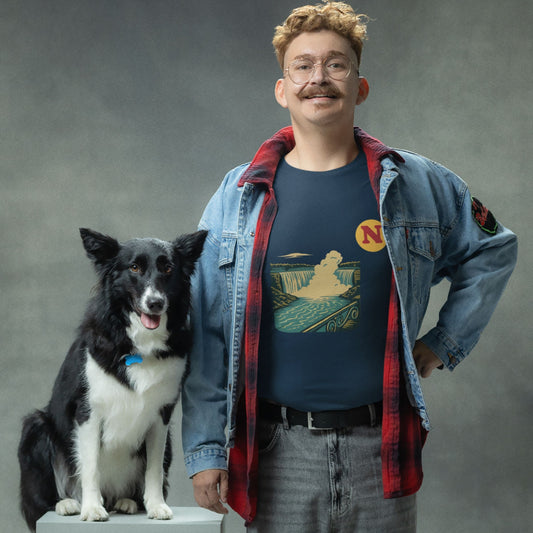 Man wearing the Niagara Falls Canada T shirt in Navy colour from the Canadian ABC collection by Maple Beaver