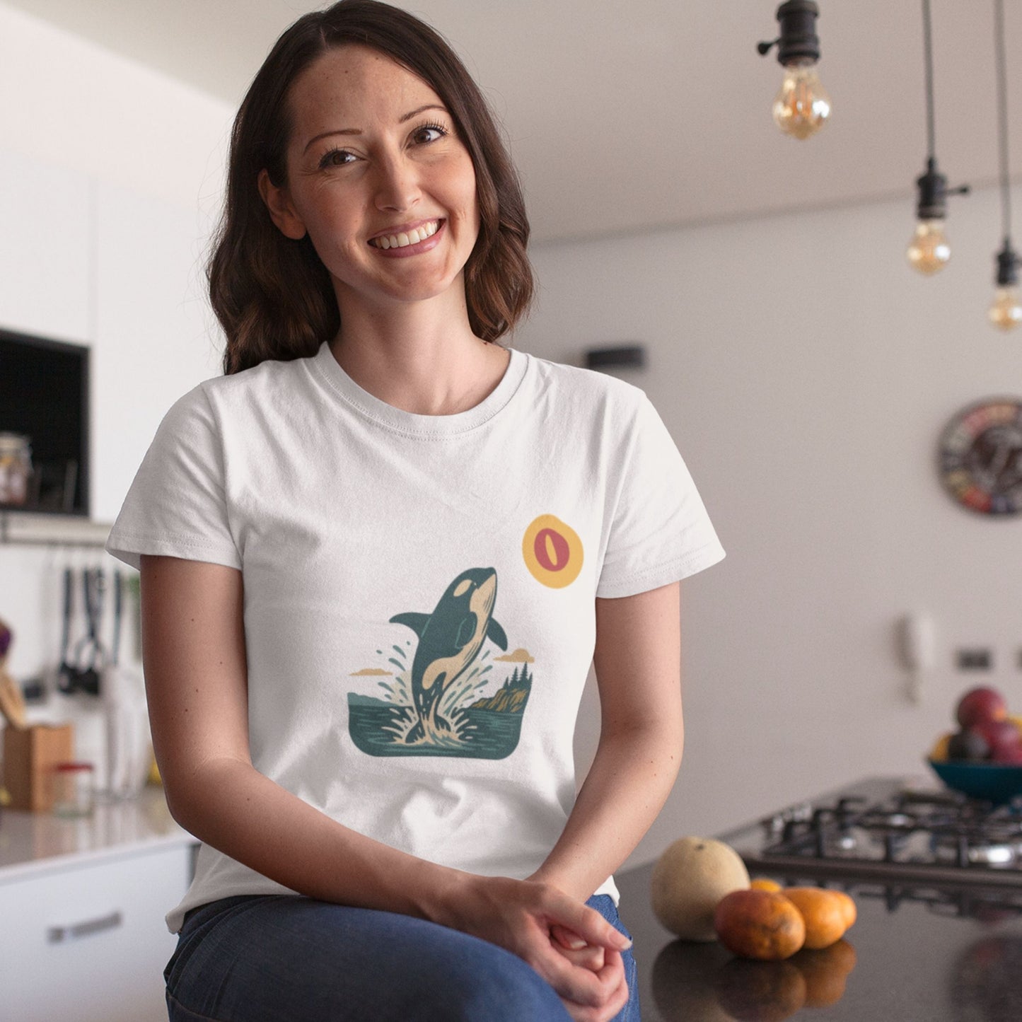 Woman wearing the Canadian Made Orca T shirt in White colour from the Canadian ABC collection by Maple Beaver