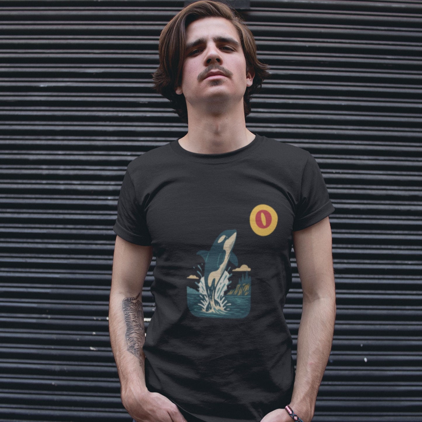 Man wearing the Canadian Made Orca T shirt in Black colour from the Canadian ABC collection by Maple Beaver