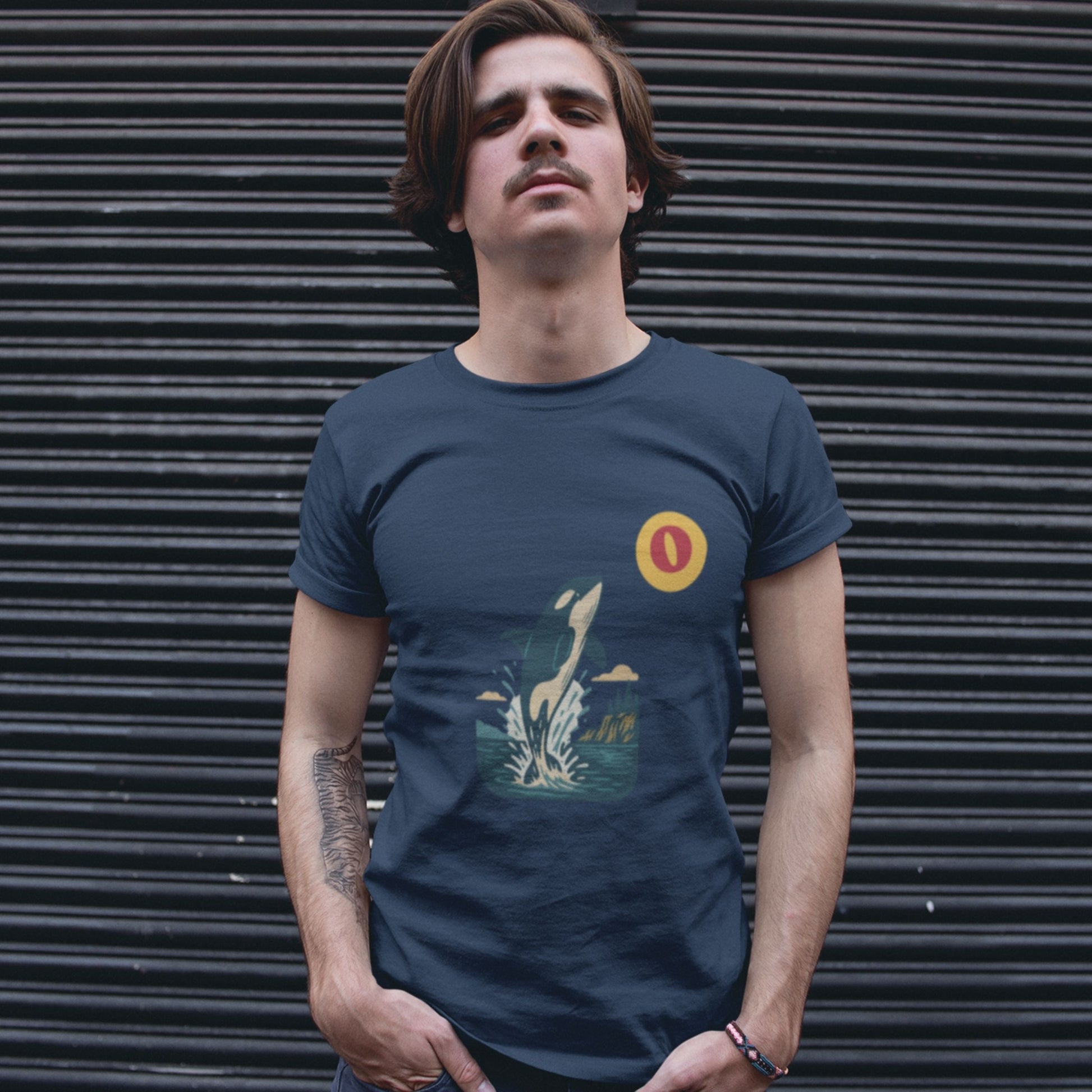 Man wearing the Canadian Made Orca T shirt in Navy colour from the Canadian ABC collection by Maple Beaver
