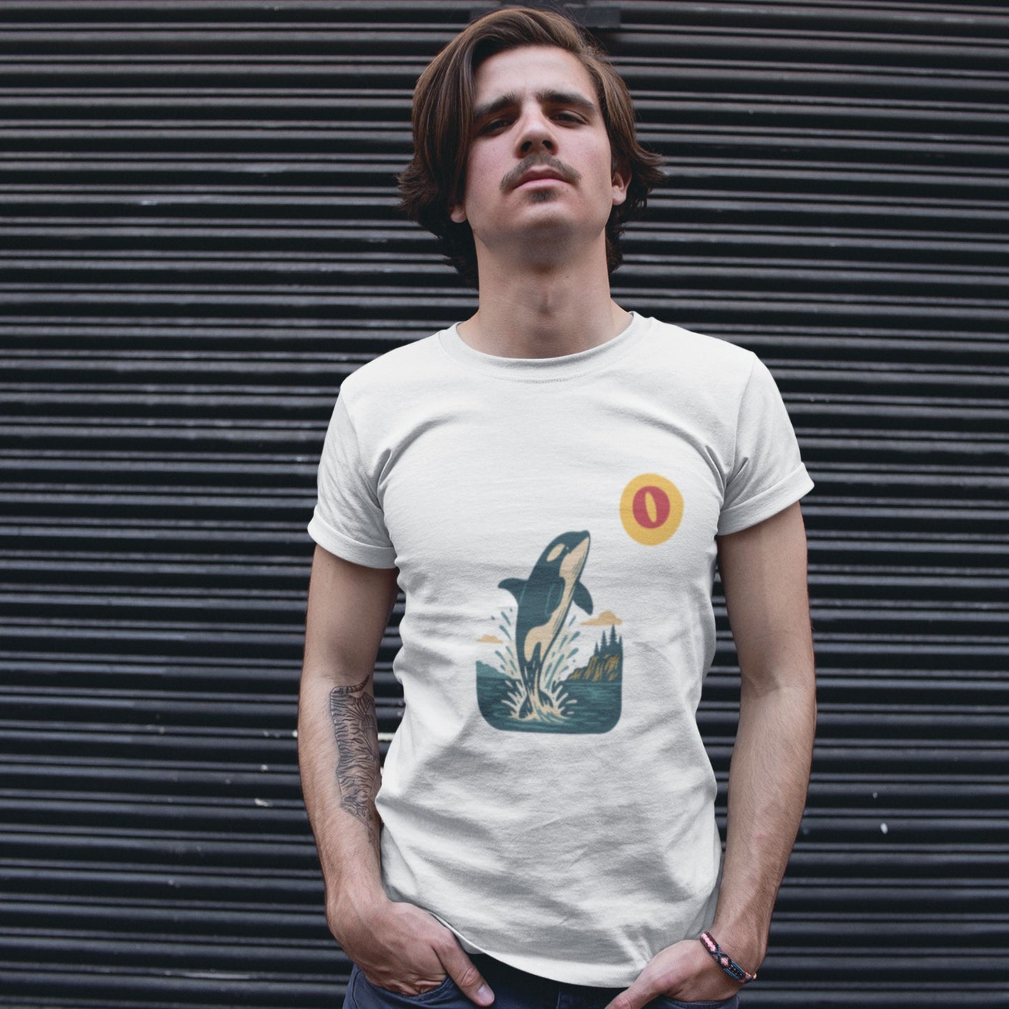 Man wearing the Canadian Made Orca T shirt in White colour from the Canadian ABC collection by Maple Beaver