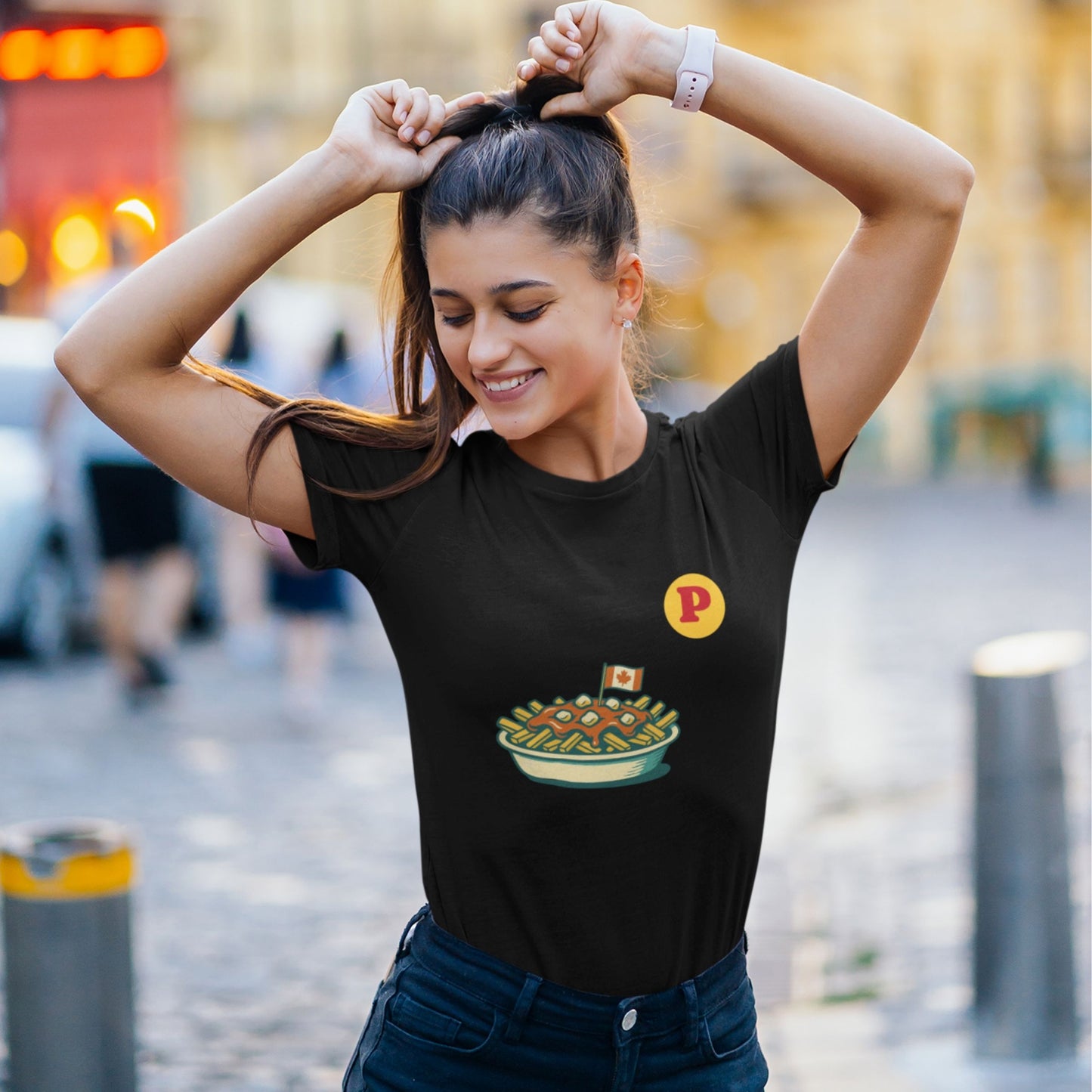 Woman wearing the Canadian Made Black Organic cotton Poutine T shirt from the Canadian ABC collection by Maple Beaver