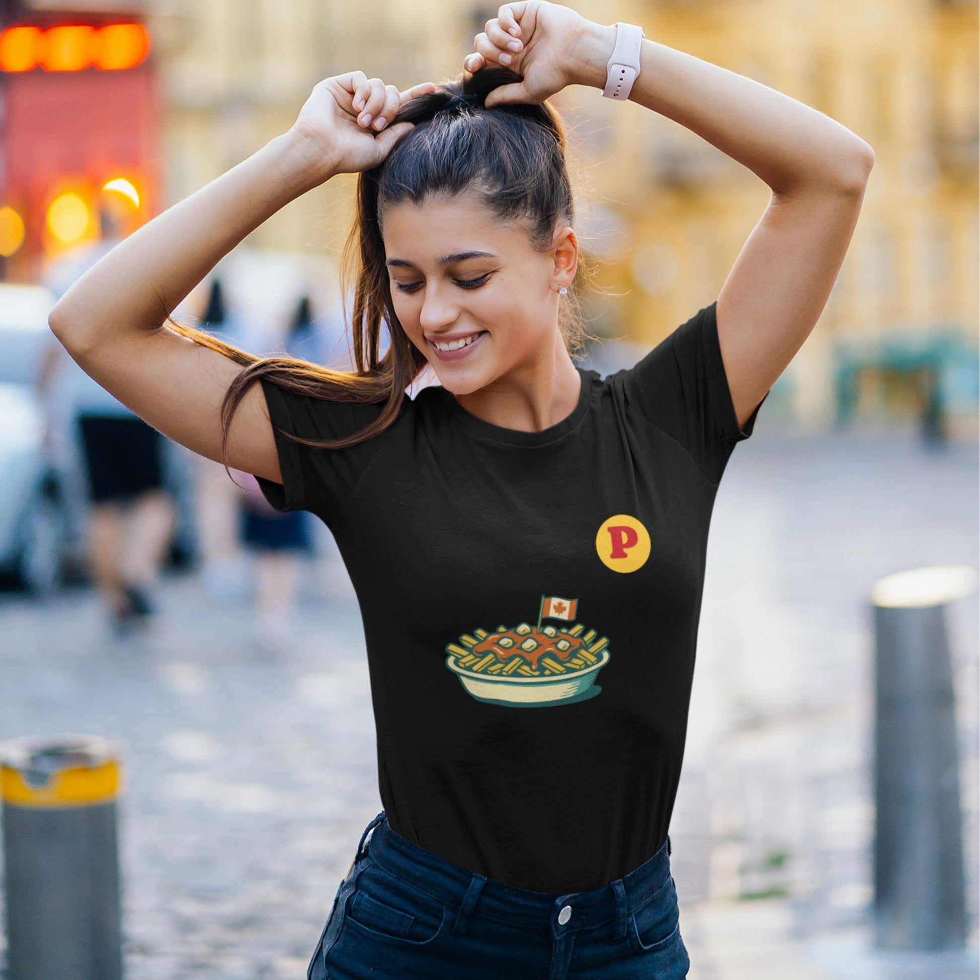Woman wearing the Canadian Made Black Organic cotton Poutine T shirt from the Canadian ABC collection by Maple Beaver