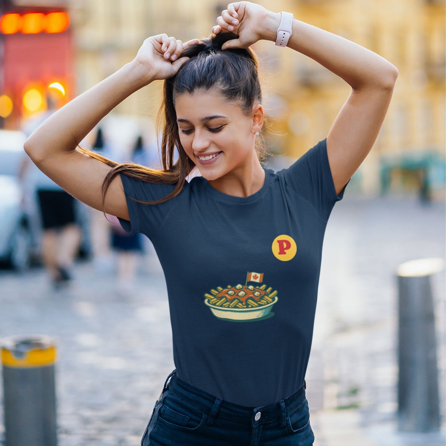 Woman wearing the Canadian Made Navy Organic cotton Poutine T shirt from the Canadian ABC collection by Maple Beaver