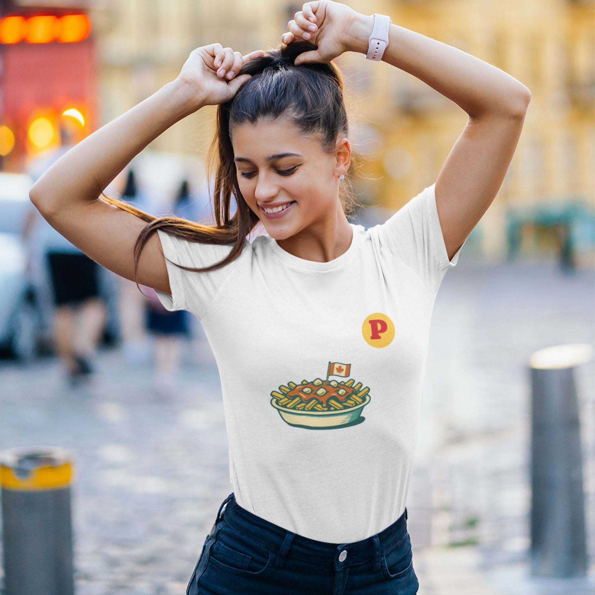 Woman wearing the Canadian Made White Organic cotton Poutine T shirt from the Canadian ABC collection by Maple Beaver